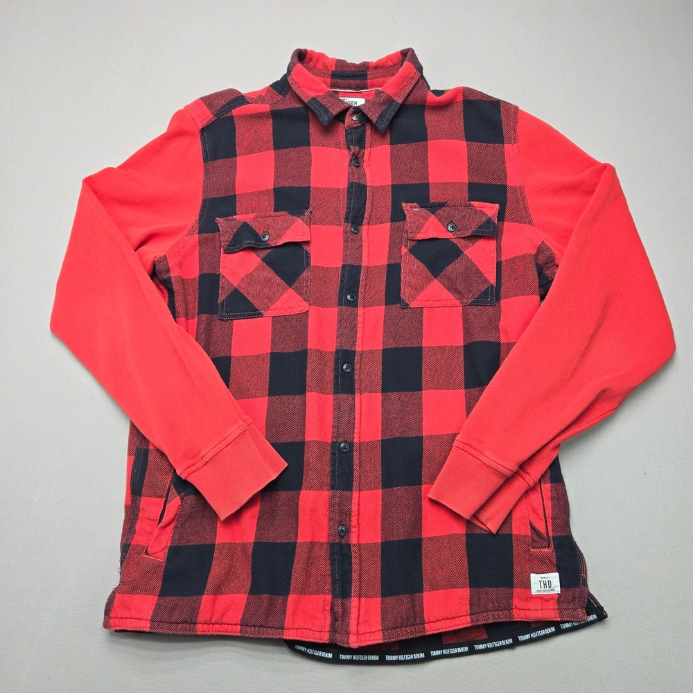 Tommy Hilfiger Denim Shirt Buffalo Plaid Pockets Red Black Mens Size L Large